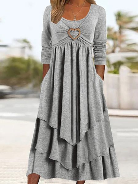 

casual dresses elegant office women patchwork pockets midi dress round neck basic solid long sleeve dress lady casual summer ruffles club dr, Black;gray