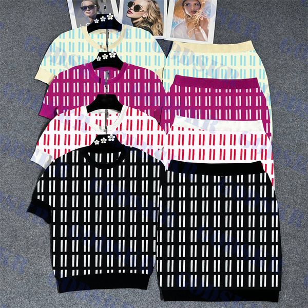 

f letter t shirt two piece dress womens knitted short skirt summer thin ladies dresses set, White