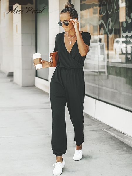 

womens jumpsuits rompers miss petal vneck short sleeve jumpsuit for woman casual long jogger pants playsuit summer overalls bodysuits 230321, Black;white