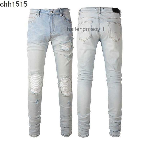 

jeans high street broken patch elastic slim fit jeans male #6624, Blue
