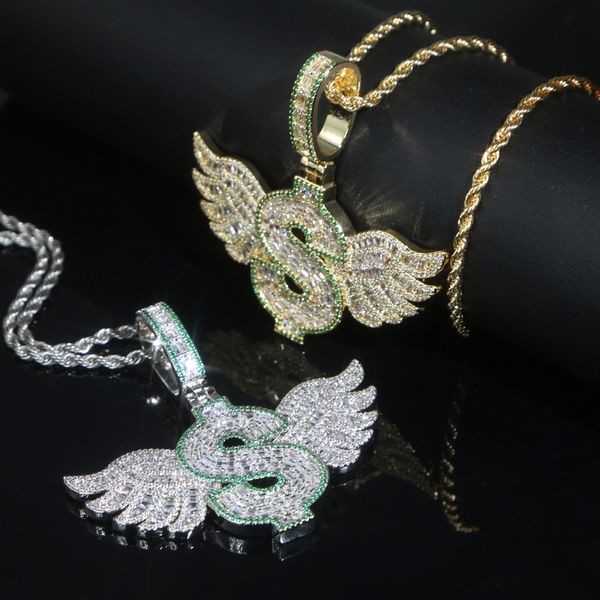

new iced out bling letter dollar symbol pendant necklace gold plated cz cubic zirconia wings charm men women hip hop jewelry, Silver