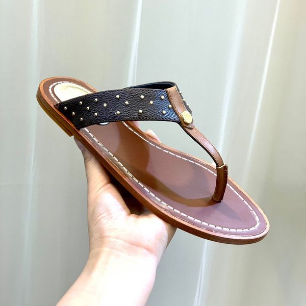 

luxury brand designer rubber slides sandals genuine leather women slipper flat flip flops mens brown classics flower rivets beach slippersom, Black