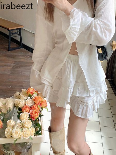 

two piece dress irabeezt fashion white suit women sun protection shirt jacket shorts casual set kawaii sweet suits summer 230321