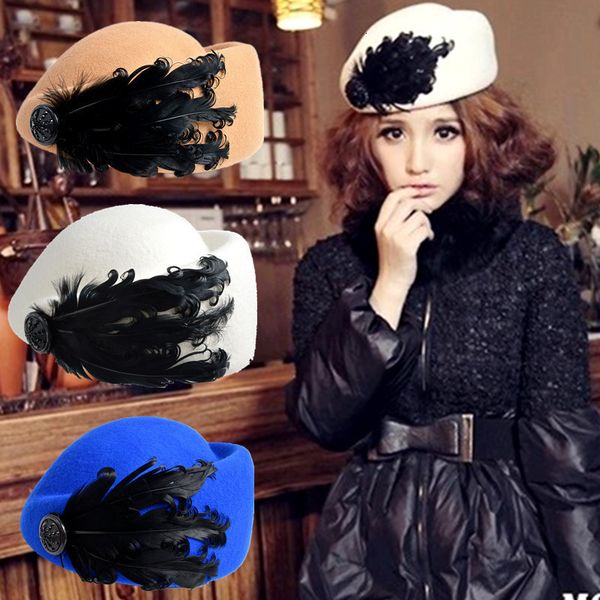 

berets luxury feather stewardess cap fedora hat female fashion solid wool vintage hats for women british style of beret 230321, Blue;gray