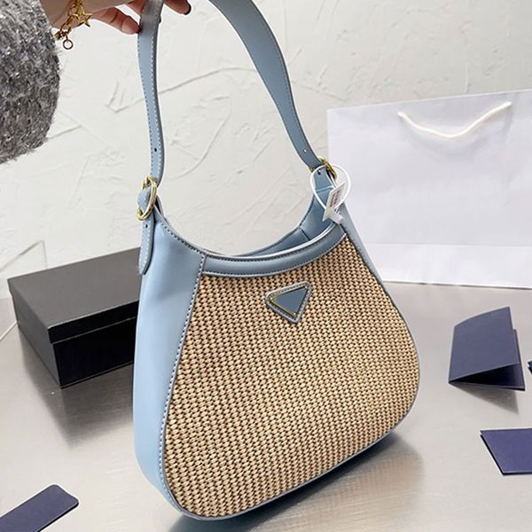 

crossbody bucket bag shoulder tote bag women straw handbag purse plain triangle hardware fashion letters adjustable belt strap large capacit