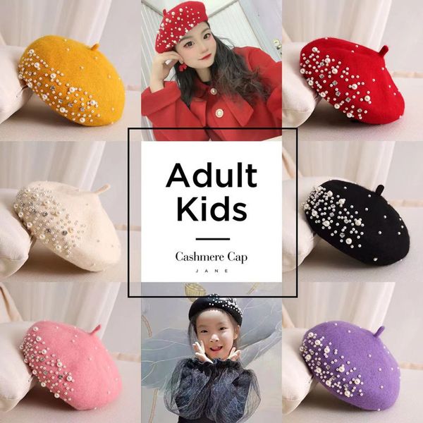 

berets adultchildren pearl crystal beret hat for women cap cashmere winter retro french black red artist flat lady vintage 230321, Blue;gray