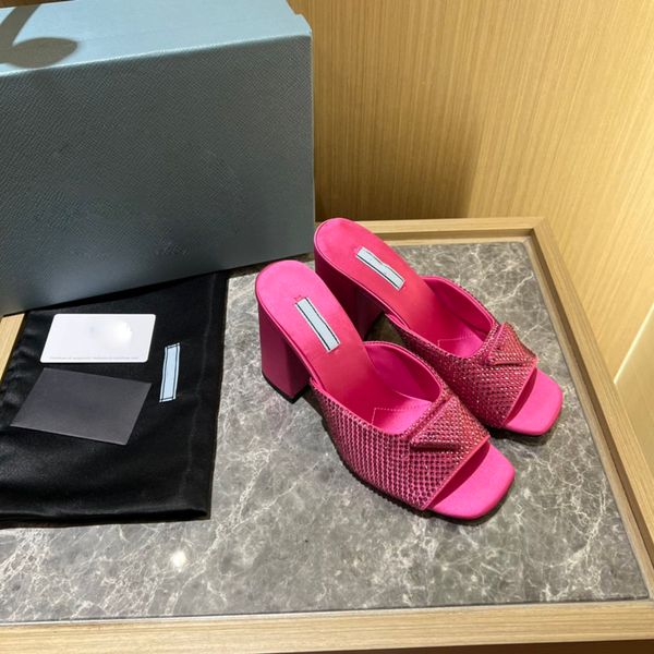 

crystal slippers rhinestone open-toe fuchsia mule slides sandals heels slip on block heeled shoes women's luxury designer leather outso, Black