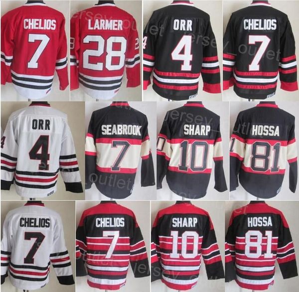 

men retro hockey 4 bobby orr jersey vintage classic 7 chris chelios 10 patrick sharp 81 marian hossa 28 steve larmer black red white team co