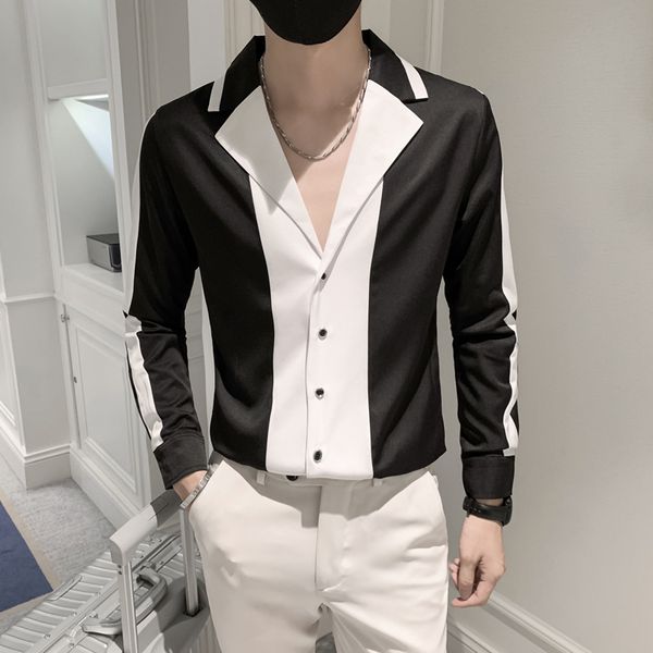 

men's casual shirts nightclub legible casual social mens dress shirt spring white black splicing long sleeved slim fit formal shirts bl