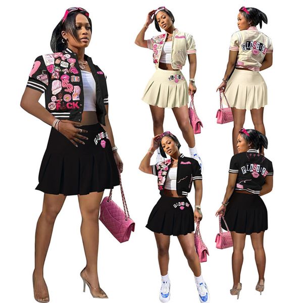 

2023 designer brand summer dress sets women two pieces set baseball uniform outfits short sleeve jacket pleated mini skirt casual print trac, Black;gray