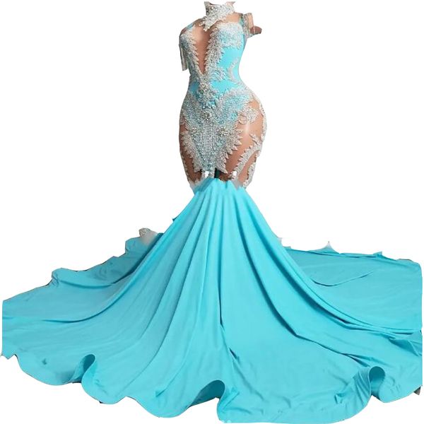 

2023 turquoise prom dresses cutaway sides mermaid illusion sparkly silver lace appliques sleeveless formal party dress plus size evening gow, Black