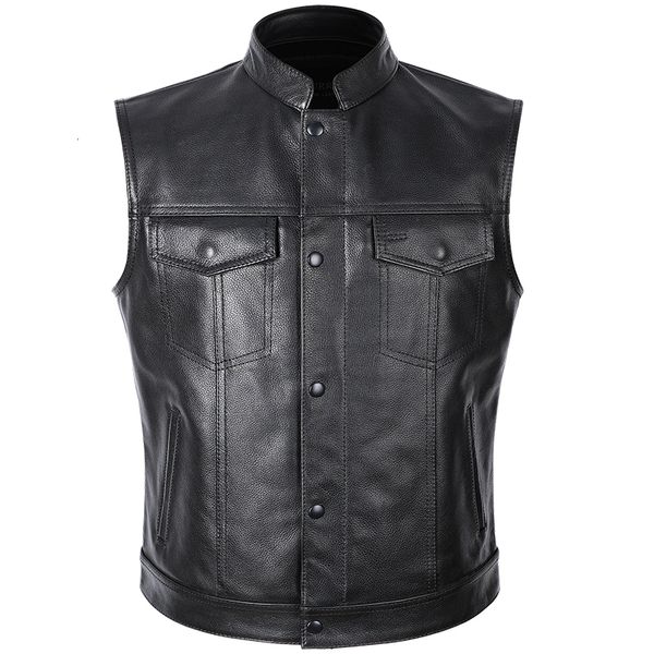 

men's vests classical motorcycle biker leather men genuine sleeveless jackets real cowhide motorcade 6xl 230320, Black;white