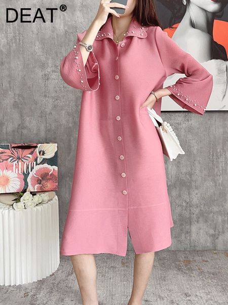 

casual dresses deat women pleated dress midi length pearls lapel collar single breasted elastic lady elegant dresses summer 15ab626 230321, Black;gray