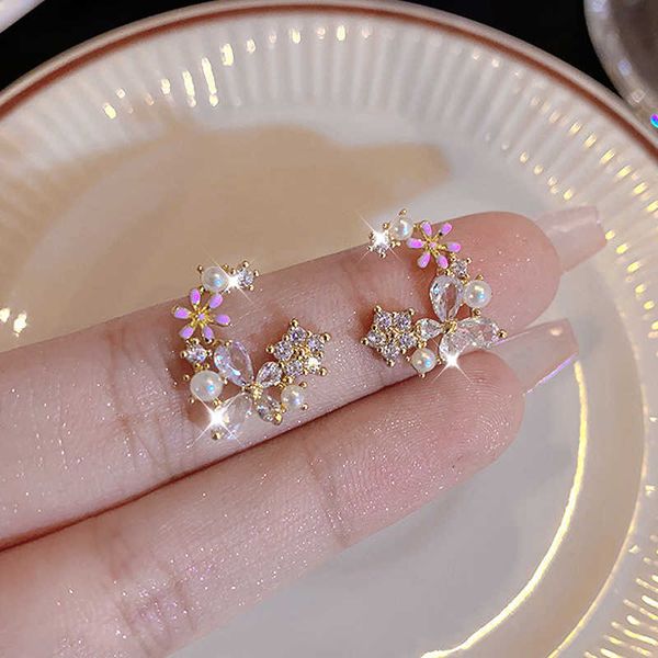 

charm s925 silver needle ins wind flower earrings female small simple cool wind super fairy net red pearl earrings high-grade jewelry g23032, Golden