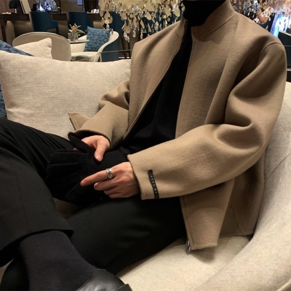 

men's wool blends winter khaki black woolen coat warm fashion casual zipper jacket s streetwear korean loose short 230321