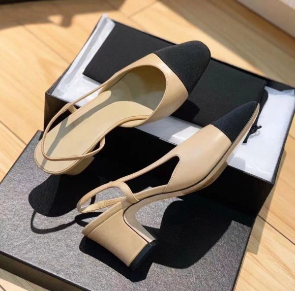 

designer slide beige black sandal goatskin slingback sandals women low heels chunky heel shoe with box