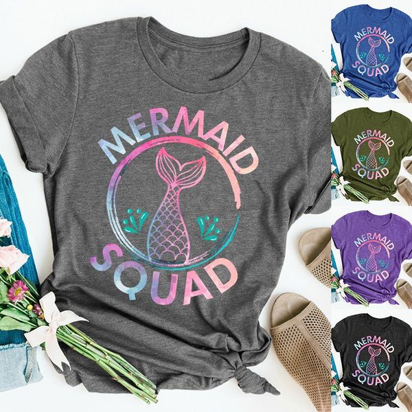 

womens tshirt colorful mermaid squad print t short sleeve o neck loose tshirt summer tee camisetas mujer 230321, White