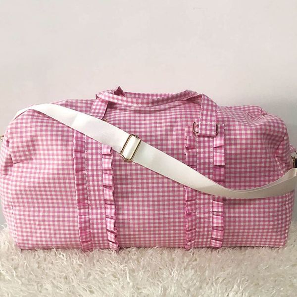

stuff sack pinkpurple plaid ruffle duffle seersucker large weekend travel bag personalized letter patches for domil103 230321