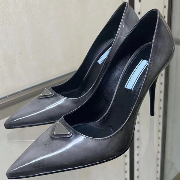 

designer heels women dress shoes luxury classic triangular buckle decoration stiletto sandal 7.5cm quality sole shoe pointed toes wedding pa, Black