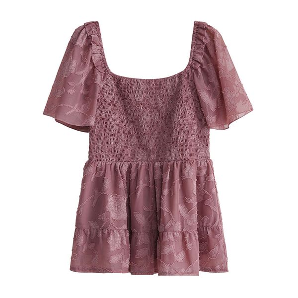 

sqaure neck pullover fashion women's blouse bodycon high waist flare short sleeves panelled ruched ruffles floral jacuqard fabric shir, White