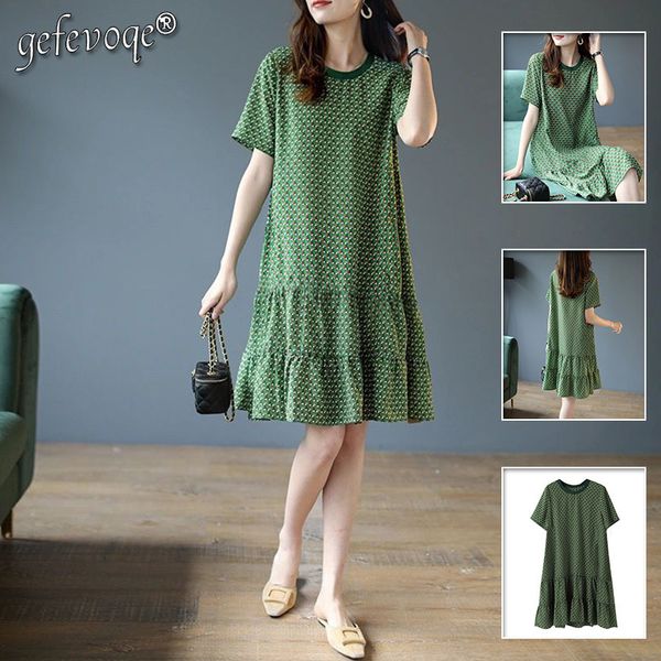 

casual dresses casual floral printing dresses spring summer streetwear short sleeve round neck loose pullovers midi dress women's cloth, Black;gray