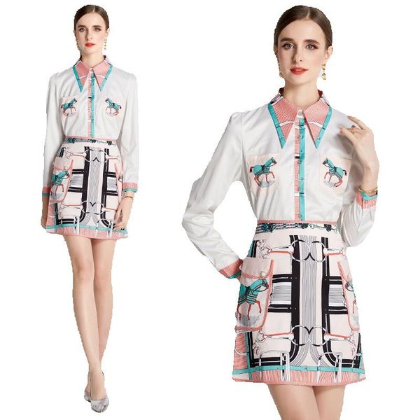 

2023 designer two piece floral dress short women sets vacation party print button shirt and mini skirts 2 piece runway dresses spring autumn, White