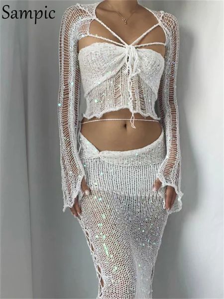 

two piece dress sampic sequins knitted hollow out long sleeve crop and midi bodycon skirt set summer women beach outfits 230321, White