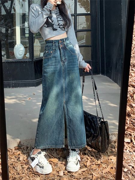 

skirts high waist vintage blue slit midlength denim women's spring autumn simple pocket straight aline long female 230321, Black