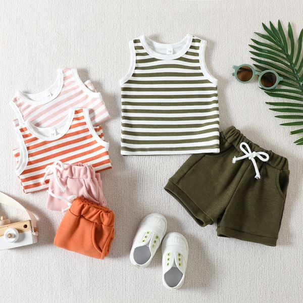 

clothing sets 2pcs baby outfits summer infant girls boys vest shorts set clothing toddler casual beach sports stripes tee short pants 230322, White