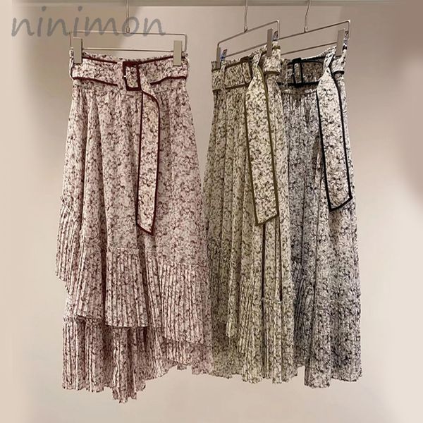 

skirts ninimon irregular print pleated skirt spring elegant sweet folds midi long skirts high waist multilayer ruffle print sk 230322, Black