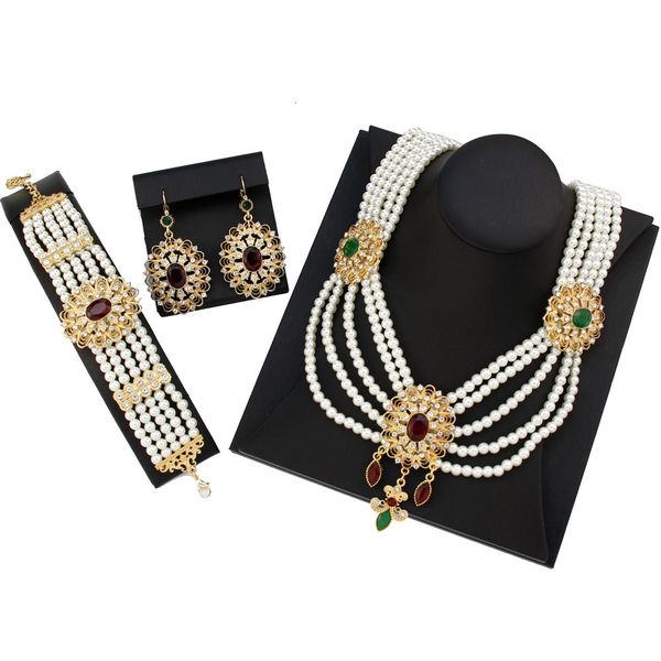 

wedding jewelry sets sunspicems elegent morocco algeria bride pearl beaded necklace earring bracelet for women 18k gold color 230321, Slivery;golden