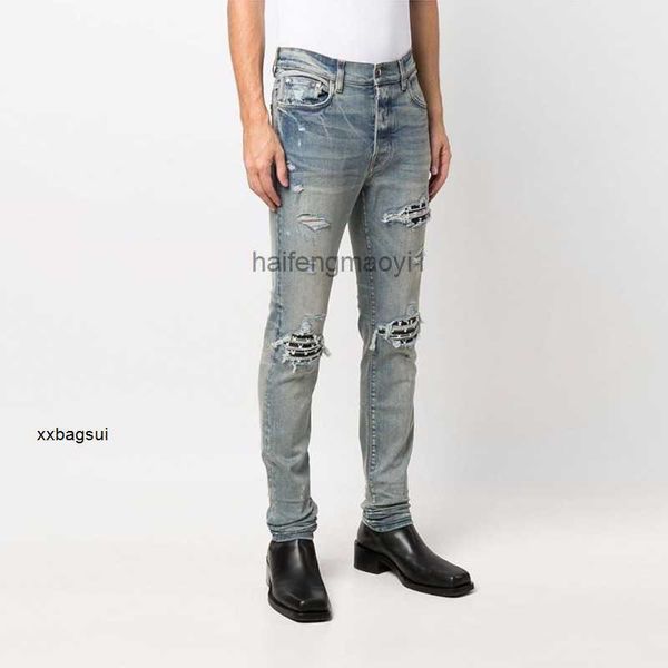 

designer jeans european and american fashion brand high street mx1 light blue distressed patchwork jeans men's slim fit fashionable