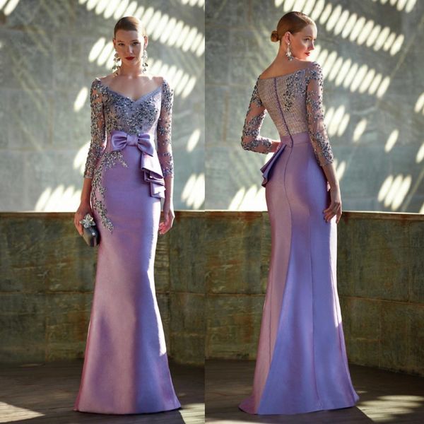 

lavender lace mother of the bride dresses mermaid appliqued wedding guest dress long sleeves v neckline floor length satin evening gowns, Black;red