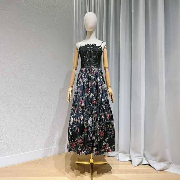 

designer dress patchwork embroidery floral printed suspender dress, Black;gray