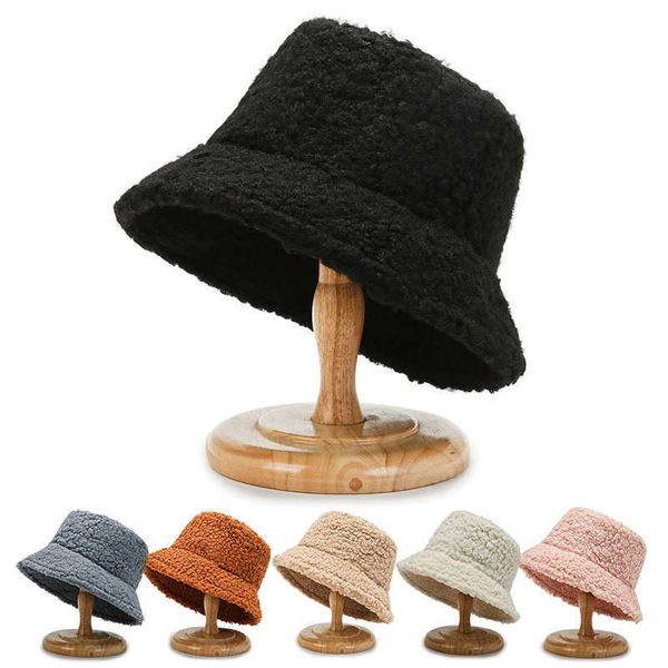 

wide brim hats lamb wool faux fur bucket hat winter warm teddy velvet hats for women lady thicken bob panama outdoor fisherman hat caps aa23, Blue;gray