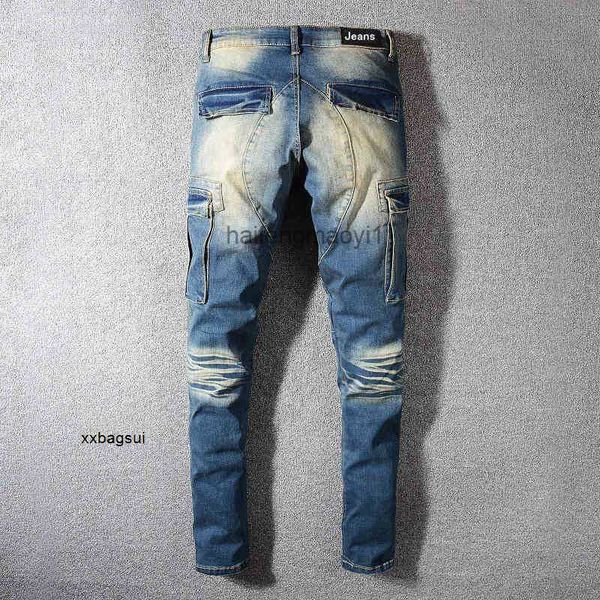 

mens jeans trend men's wrinkled color matching leather jeans youth slim fit leggings 590, Blue