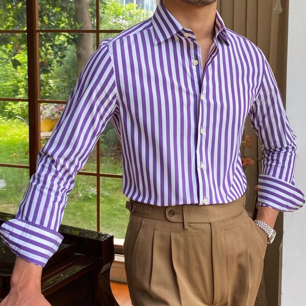 

men's casual shirts british casual contrasting colors stripe shirt retro shirt dress camisa masculina social italian fall men long slee, White;black