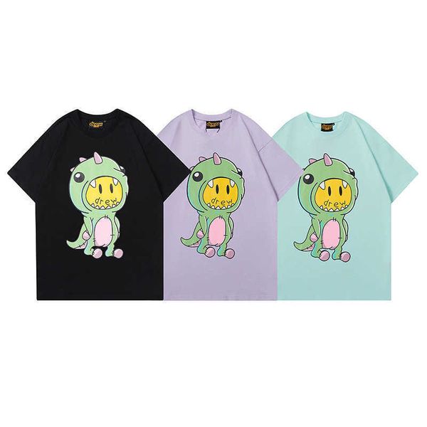 

designe drew men's t-shirt cartoon little dinosaur smiling face print same short sleeve for men and women couples casual bottom shirt h, White;black