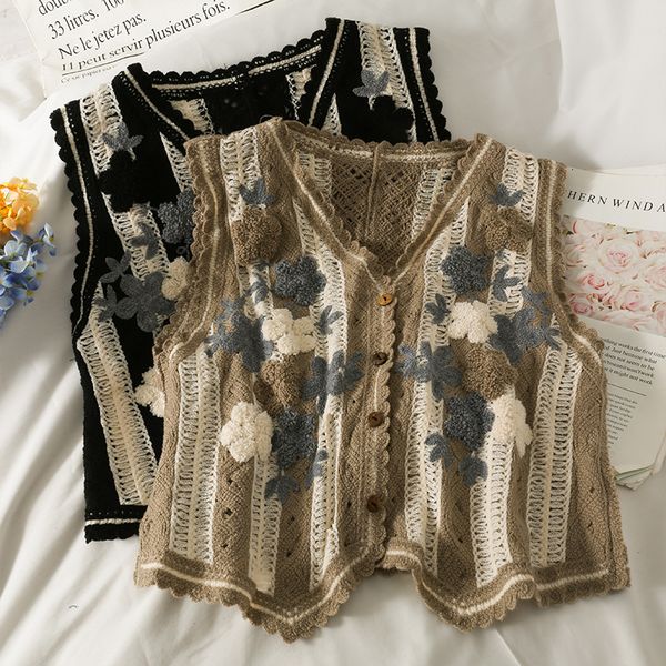 

women's vests vintage autumn chaleco mujer v-neck embroidered floral sweater vest slim hollow out sleeveless 3d flowers knitted fashion, Black;white