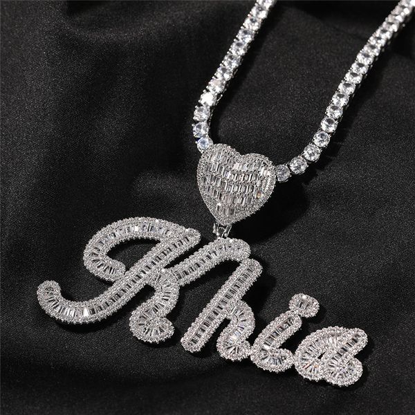 

hip hop pendant iced out floral square zirconium letter pendant with love heart clasp button diy letter pendant necklace gift idea, Silver