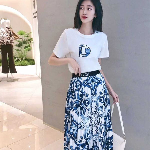 

luxury womens clothing designer suit short sleeve long slim skirt two piece d g cotton floral print set, White