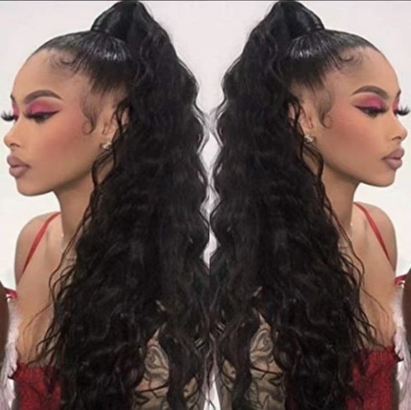 

100%human drawstring ponytail hair extensions for wome long curly wavy ponytail natural wavy brazilian hairpiece for women 140g120g, Black