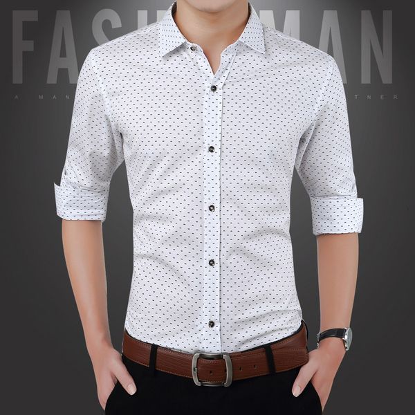 

men's casual shirts autumn fashion brand men clothes slim fit men long sleeve shirt men polka dot casual men shirt social plus size -5, White;black