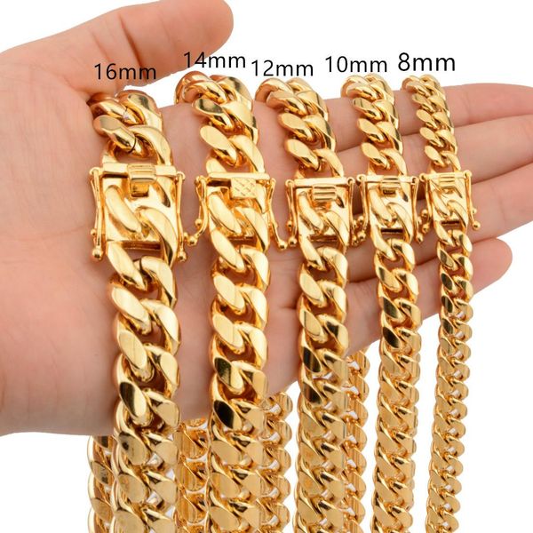 

miami cuban link chains 8mm/10mm/12mm/14mm/16mm stainless steel mens 14k gold chains high polished punk curb necklaces, Silver