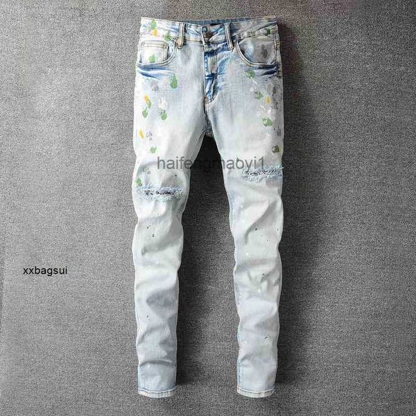 

mens jeans designer high street new light knife cut hole paint graffiti personalized elastic slim feet 685 hip hop, Blue