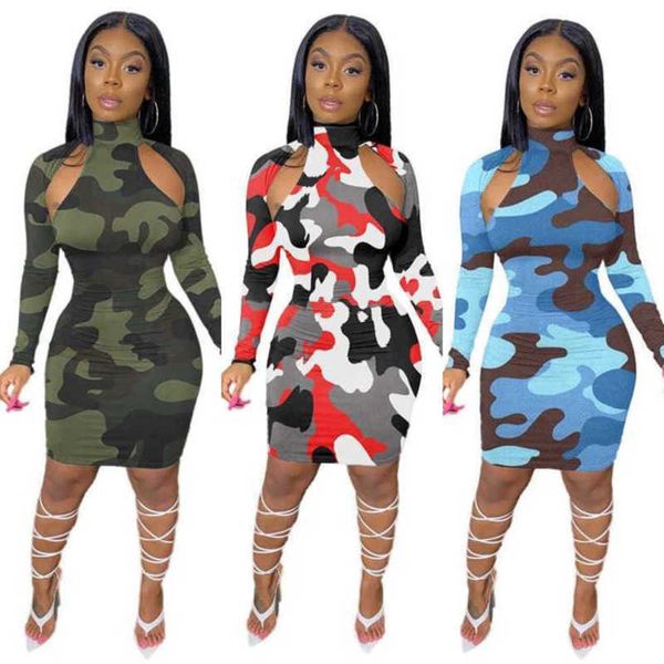 

women dresses cute camouflage printed long sleeve slim dress for female 2023 spring, Black;gray