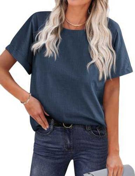 

women's blouses short sleeve cotton linen shirts casual loose round collar solid t-shirt for womenjki3, White