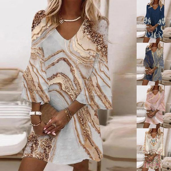 

skirt fashion aline dress vintage marble print flare sleeve vneck loose mini female summer elegant beach vestidos 230322, Black