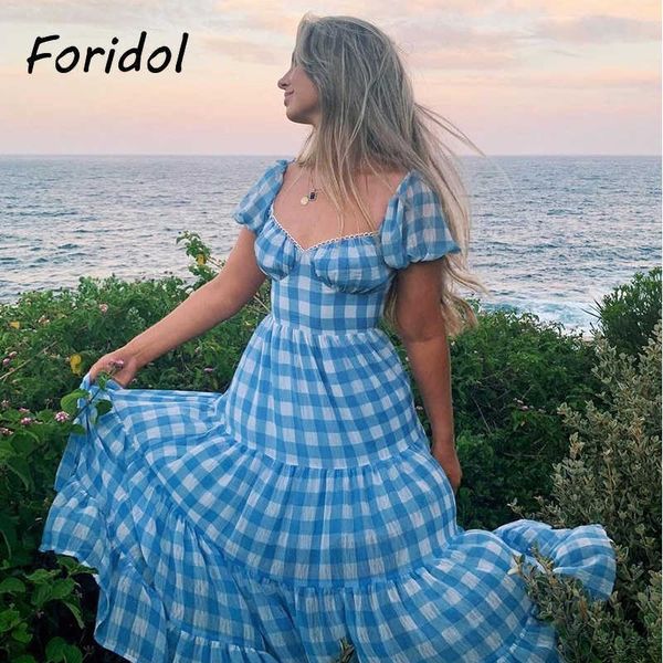 

party dresses foridol backless gingham print summer boho women puff sleeve maxi long robe blue a-line chic 2023 y2303, White;black