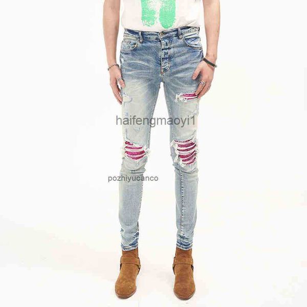 

designer men jeans ch high street tide brand wash water blue worn hole cashew blossom patch slim fit small foot elastic jeans